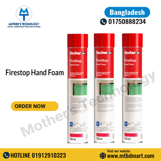 Fischer FireStop Hand Foam 750 ml aerosol can — fire-rated polyurethane expanding foam for sealing linear gaps in walls and floors